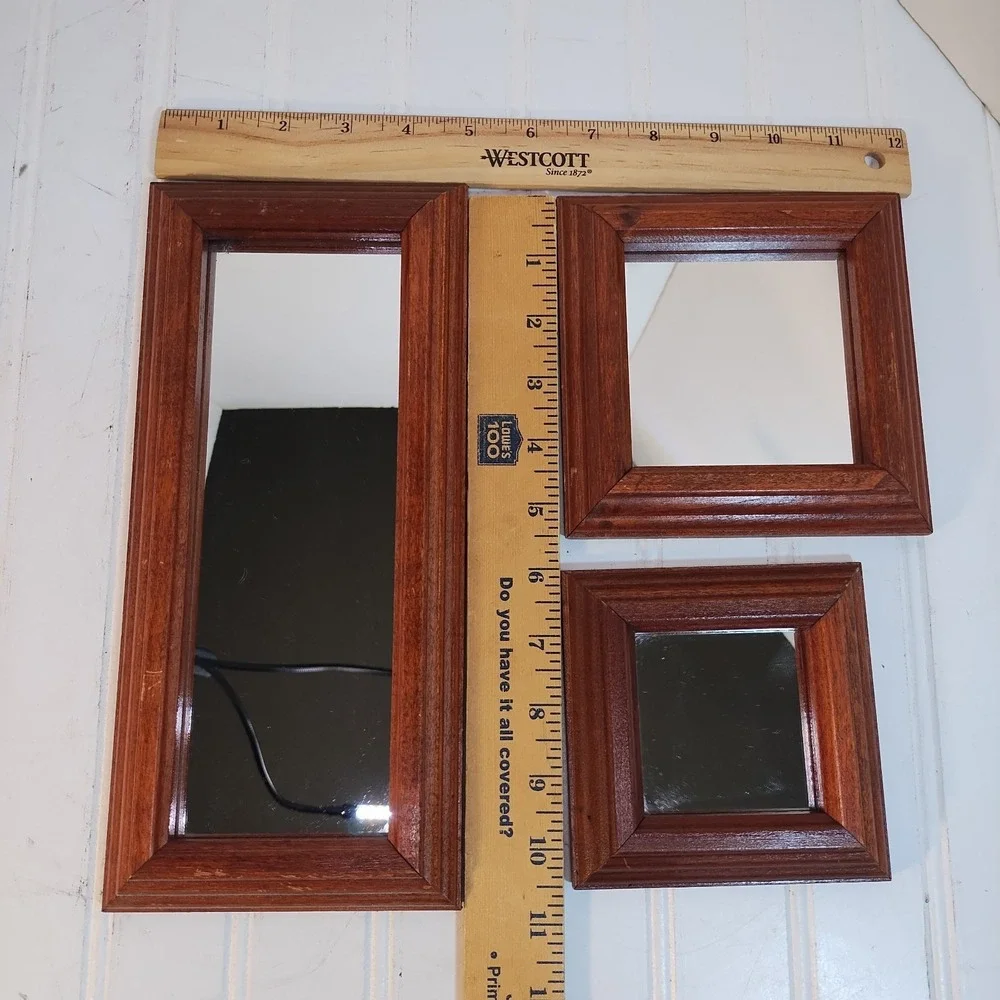 3 Vintage Homco Wood Wall Mirrors 10x5 Rectangular 4x4 5x5 Square MCM Farmhouse